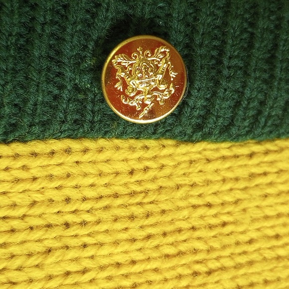 Huddlespun Wool Cardigan Colorblock Sweater.  Green Yellow Red, Gold Buttons - Picture 4 of 7